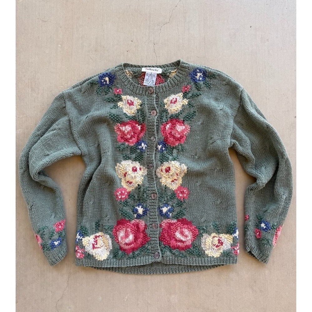 Talbots Floral Knit Cardigan Womens M Green Cottagecore Button